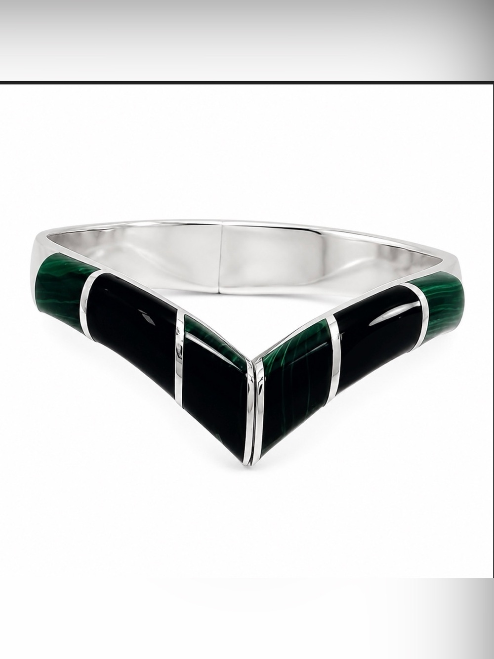 TAXCO Sterling Silver Malachite & Onyx Chevron Hinged Bracelet Stamped Mexico HP